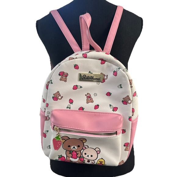 Rilakkuma Mini Backpack Teddy Bear Strawberry White Pink San-X Bioworld Small - Picture 1 of 16